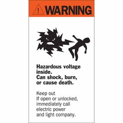Brady&trade;&nbsp;Acrylic Sign: WARNING: HAZARDOUS VOLTAGE INSIDE. CAN SHOCK, BURN, OR CAUSE DEATH. KEEP OUT IF OPEN OR UNLOCKED,&hellip;