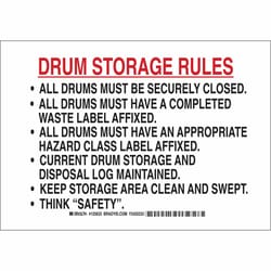 Brady&trade;&nbsp;Polystyrene Sign: DRUM STORAGE RULES: ALL DRUMS MUST BE SECURELY CLOSED. ALL DRUMS MUST HAVE A COMPLETED WASTE&hellip;