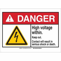 Brady™ Polyester Sign: HIGH VOLTAGE WITHIN - KEEP OUT. CONTACT WILL RESULT IN SERIOUS SHOCK OR DEATH.