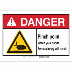 Brady™ Polystyrene Sign: PINCH POINTS. WATCH YOUR HANDS. SERIOUS INJURY WILL RESULT