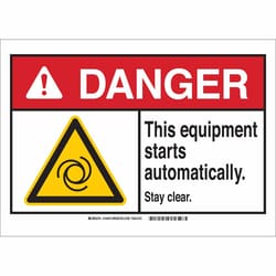 Brady™ Machine and Equipment Label: THIS EQUIPMENT STARTS AUTOMATICALLY STAY CLEAR