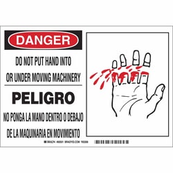 Brady Polyester Sign: DANGER - DO NOT PUT HAND INTO OR UNDER MOVING MACHINERY (English/Spanish) 10 x 7 in. | Buy Online | Brady&trade; | Fisher Scientific