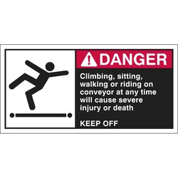 Brady&trade;&nbsp;Polyest. Sign: CLIMBING, SITTING, WALKING OR RIDING ON CONVEYOR AT ANY TIME WILL CAUSE SEV. INJURY OR DEATH. KEEP OFF