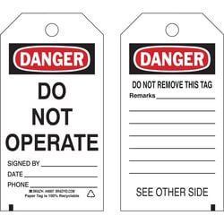 Brady&trade;&nbsp;Paper Cardstock Tag: DANGER DO NOT OPERATE SIGNED BY: DATE: