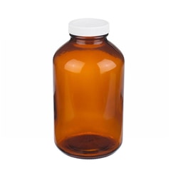 Fisherbrand Safety Coated Amber Wide Mouth Packer Glass Bottles with White Polypropylene Caps