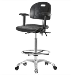 Fisherbrand™ Class 100 Newport Industrial Poly Clean Room Chair - High Bench Height with Adjustable Arms, Chrome Foot Ring, and Casters in Black Poly