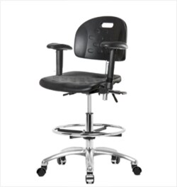 Fisherbrand™ Class 100 Newport Industrial Poly Clean Room Chair - Medium Bench Height with Adjustable Arms, Chrome Foot Ring, and Casters in Black Poly