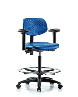 Fisherbrand Polyurethane Chair - High Bench Height with Adjustable Arms, Chrome Foot Ring, and Casters in Black Polyurethane Blue | Buy Online | Fisher Scientific