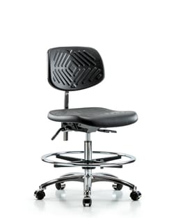 Fisherbrand™ Class 100 Polyurethane Clean Room Chair - Medium Bench Height with Seat Tilt, Chrome Foot Ring, and Casters in Black Polyurethane