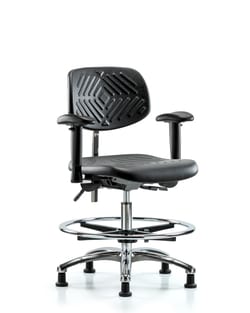 Fisherbrand™ Class 100 Poly Clean Room Chair - Medium Bench Height with Adjustable Arms, Chrome Foot Ring, and Stationary Glides in Black Poly