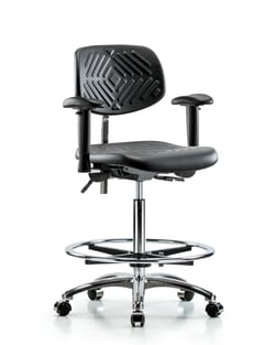 Fisherbrand™ Class 100 Polyurethane Clean Room Chair - High Bench Height with Adjustable Arms, Chrome Foot Ring, and Casters in Black Polyurethane
