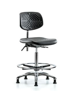 Fisherbrand™ Class 100 Polyurethane Clean Room Chair - High Bench Height with Seat Tilt, Chrome Foot Ring, and Stationary Glides in Black Polyurethane