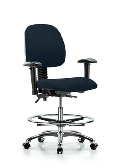 Fisherbrand Fabric Chair Chrome - Medium Bench Height with Medium Back, Seat Tilt, Adjustable Arms, Chrome Foot Ring, and Casters in Fabric Navy | Buy Online | Fisher Scientific