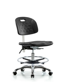 Fisherbrand™ Class 10 Newport Industrial Polyurethane Clean Room Chair - Medium Bench Height with Chrome Foot Ring and Casters in Black Polyurethane