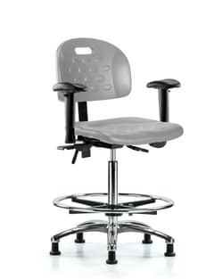 Fisherbrand Newport Industrial Polyurethane Chair Chrome - High Bench Height with Seat Tilt, Adjustable Arms, Chrome Foot Ring, and Stationary Glides
