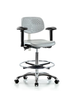 Fisherbrand™ Class 100 Polyurethane Clean Room Chair - High Bench Height with Adjustable Arms, Chrome Foot Ring, and Casters