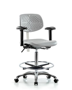 Fisherbrand™ Class 100 Polyurethane Clean Room Chair - High Bench Height with Seat Tilt, Adjustable Arms, Chrome Foot Ring, and Casters