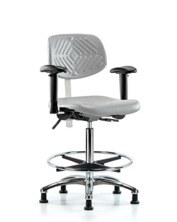 Fisherbrand™ Class 100 Polyurethane Clean Room Chair - High Bench Height with Seat Tilt, Adjustable Arms, Chrome Foot Ring, and Stationary Glides