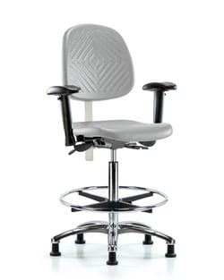 Fisherbrand™ Class 100 Polyurethane Clean Room Chair - High Bench Height with Medium Back, Adjustable Arms, Chrome Foot Ring, and Stationary Glides
