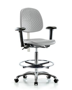 Fisherbrand™ Class 100 Polyurethane Clean Room Chair - High Bench Height with Medium Back, Seat Tilt, Adjustable Arms, Chrome Foot Ring, and Casters