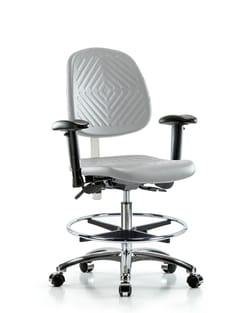 Fisherbrand™ Class 100 Polyurethane Clean Room Chair - Medium Bench Height with Medium Back, Adjustable Arms, Chrome Foot Ring, and Casters