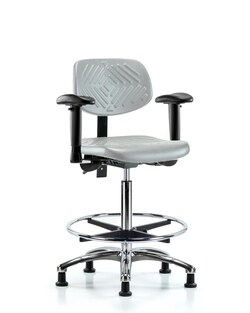 Fisherbrand Polyurethane Chair Chrome - High Bench Height with Seat Tilt, Adjustable Arms, Chrome Foot Ring, and Stationary Glides in Polyurethane Gray | Buy Online | Fisher Scientific