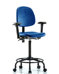 Fisherbrand Polyurethane Chair with Round Tube Base - High Bench Height with Medium Back, Seat Tilt, Adjustable Arms, and Casters in Polyurethane Blue | Buy Online | Fisher Scientific