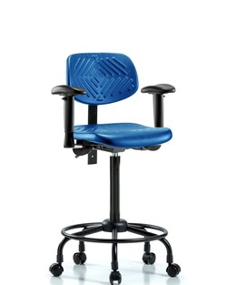 Fisherbrand Polyurethane Chair Round Tube Base - High Bench Height with Seat Tilt, Adjustable Arms, and Casters in Polyurethane Blue | Buy Online | Fisher Scientific