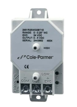 Cole Parmer VERY LOW DIFFERENTIAL PRESSURE TRANSMITTER 2.5'' WC 4-20mA,