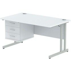 Manutan White Desk - Silver Cantilever Leg - 3 Drawer -WxD 140x80 cm, Quantity: