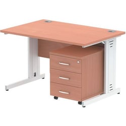 Manutan Beech Desk - White Cable Leg -3 Mobile Drawer -WxD 120x80 cm, Quantity: