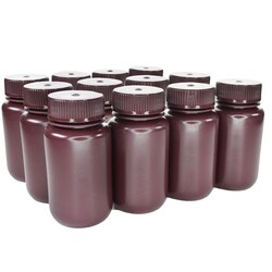 Eisco Labs Pack of 12 Wide Mouth Amber HDPE Reagent Bottles with Polypropylene