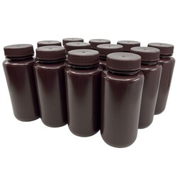 Eisco Labs Pack of 12 Wide Mouth Amber HDPE Reagent Bottles with Polypropylene