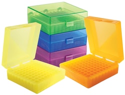 Fisherbrand 100 Well Hinged Tube Storage Box Assorted (Blue, Green, Orange, Purple, Yellow) | Buy Online | Fisher Scientific