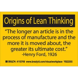 Brady™ Motivational and Improvement Signs: THE LONGER AN ARTICLE IS IN THE PROCESS OF MANUFACTURE AND THE MORE IT IS MOVED ABOUT, THE GREATER ITS ULTIMATE COST. -HENRY FORD, 1926