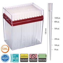 WATSON BIO LAB INC&nbsp;1200 uL Extra Long (130 mm) Hyper-Filter Tip, Graduated, Sterilized, 960 tips(96 tips * 10 racks), PC system rack