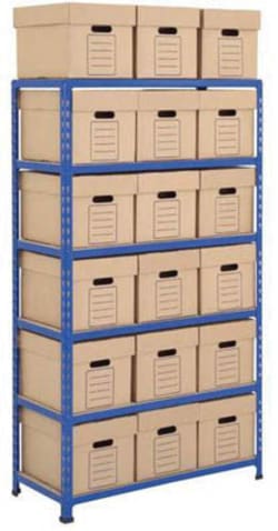 Manutan Medium duty shelving with 18 white economy box, blue/orange White | Buy Online | Manutan | Fisher Scientific