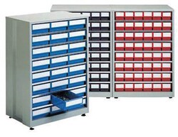 Manutan High density cabinet c/w 48 grey bins. O/a 870x605, Quantity: Pack