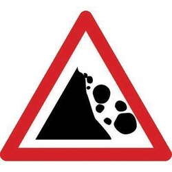Manutan Falling rocks from left warning sign. 600mm triang, Quantity: Pack