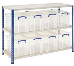 Manutan Storage bays, Really Useful Box bays with eight x 24L clear boxes, blue/grey | Buy Online | Manutan | Fisher Scientific