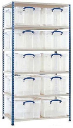 Manutan Storage bays, Really Useful Box bays with 10 x 64L clear boxes, blue/orange | Buy Online | Manutan | Fisher Scientific