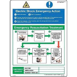Manutan Electric shock emergency action sign. 450 x 600mm.Sa vinyl, Quantity: