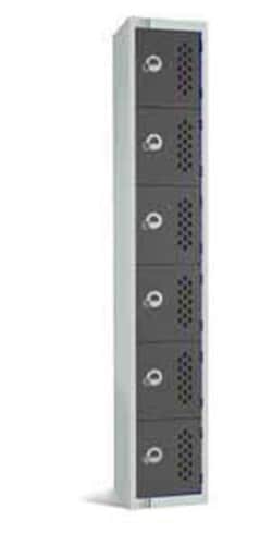 Manutan Locker, perforated door, grey/dark grey, six tier, 1800mm x 300mm x 300mm | Buy Online | Manutan | Fisher Scientific