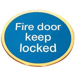 Manutan Brass fire door keep locked prestige sign. Dia., Quantity: Pack