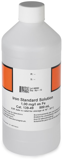 Hach Company Iron Standard Solution, 1 mg/L as Fe (NIST), 500 mL, Quantity: