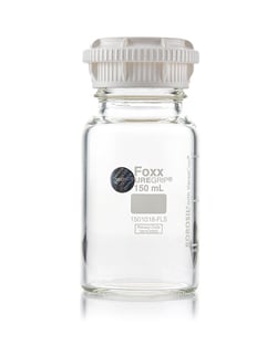 Foxx Life Sciences PUREGRIP Reusable Round Glass Media Storage Bottles with GL45 VersaCap, Pouring Ring, and Extra Large Marking Spot, 150mL, 10/CS