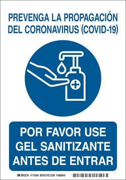 Brady™ Prevent The Spread Of Coronavirus Please Use Sanitizing Gel Before Entering Sign (Spanish)