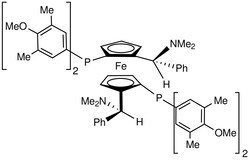Strem, An Ascensus Company CAS# 876608-69-4. 100mg. (S,S)-(-)-2,2'-Bis[(R)-(N,N-dimethylamino)(phenyl)methyl]-1,1'-bis[di(3,5-dimethyl-4-methoxyphenyl)phosphino]ferrocene,