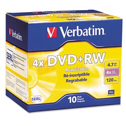 Essendant&nbsp;Verbatim DVDplus RW Rewritable Disc  4 7 GB  4x  Slim Jewel Case  Silver  10/Pack