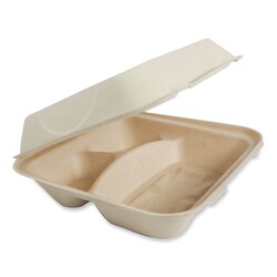 Essendant&nbsp;World Centric Fiber Hinged Containers  3-Compartment  9 3x9x3 3  Natural  Paper  300/Carton